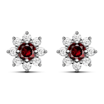Sunflower Natural Round Red Garnet Sterling Silver Stud Earrings